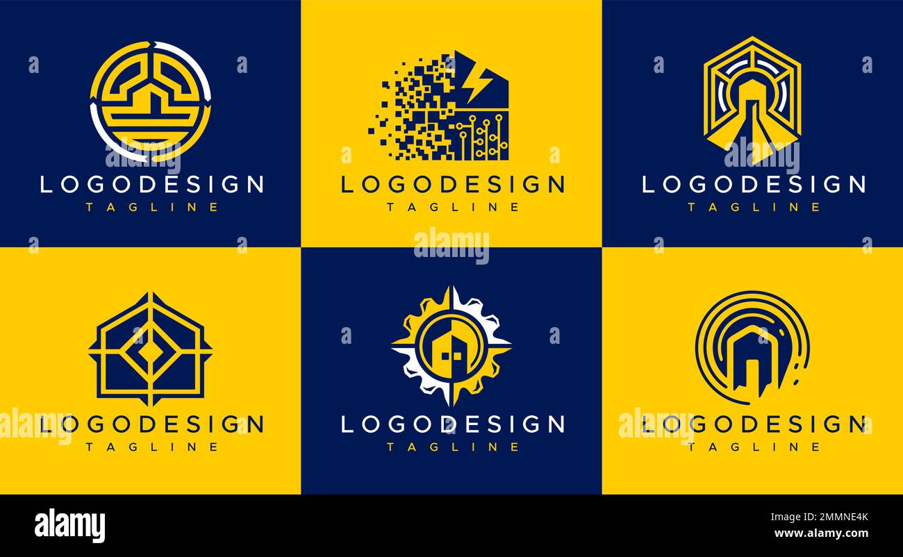 Moderna collezione di modelli di design con logo per la casa. Set vettoriale logo casa tecnologia. Illustrazione Vettoriale