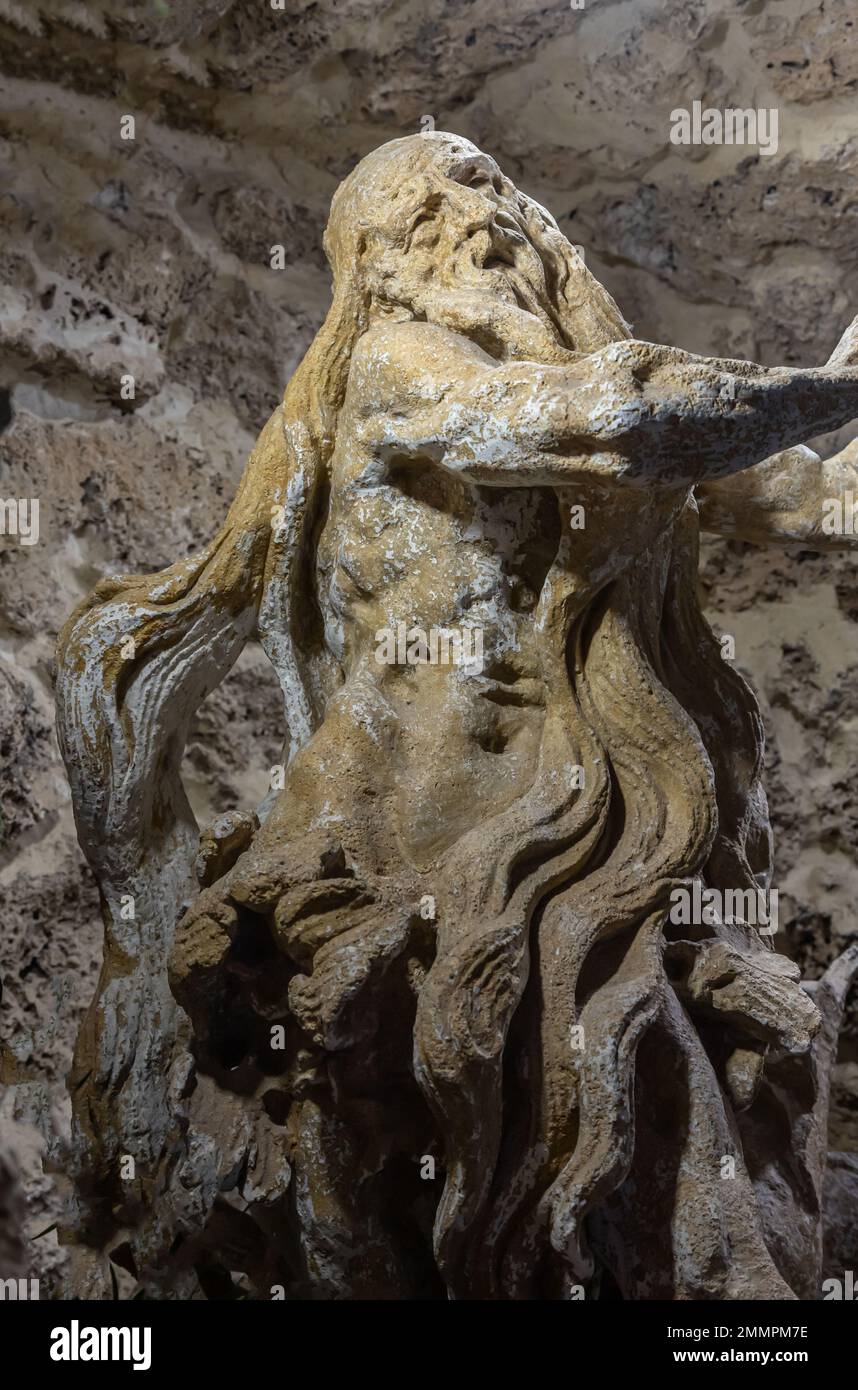 Scultura in pietra di San Onuphrius, Rukomysh. Scritto da Pinzel. Foto Stock