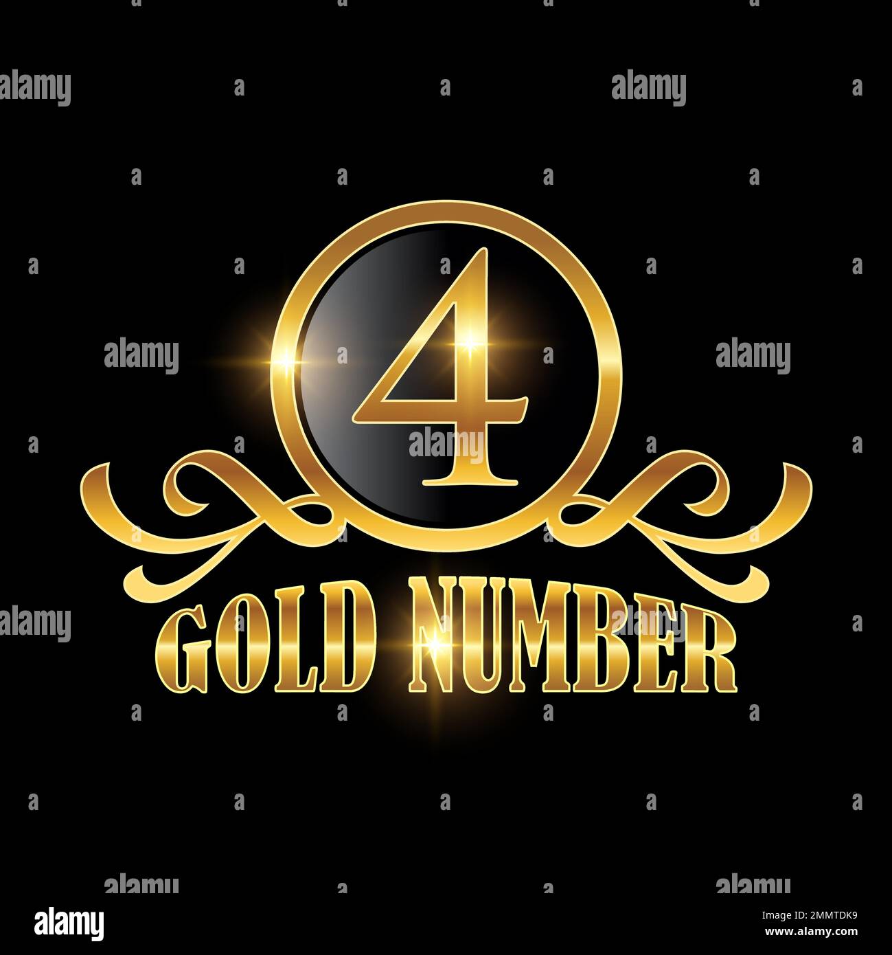 Golden Number 4 Logo Vector Accedi su sfondo nero con effetto oro brillante per l'icona di lusso numero 4 Illustrazione Vettoriale