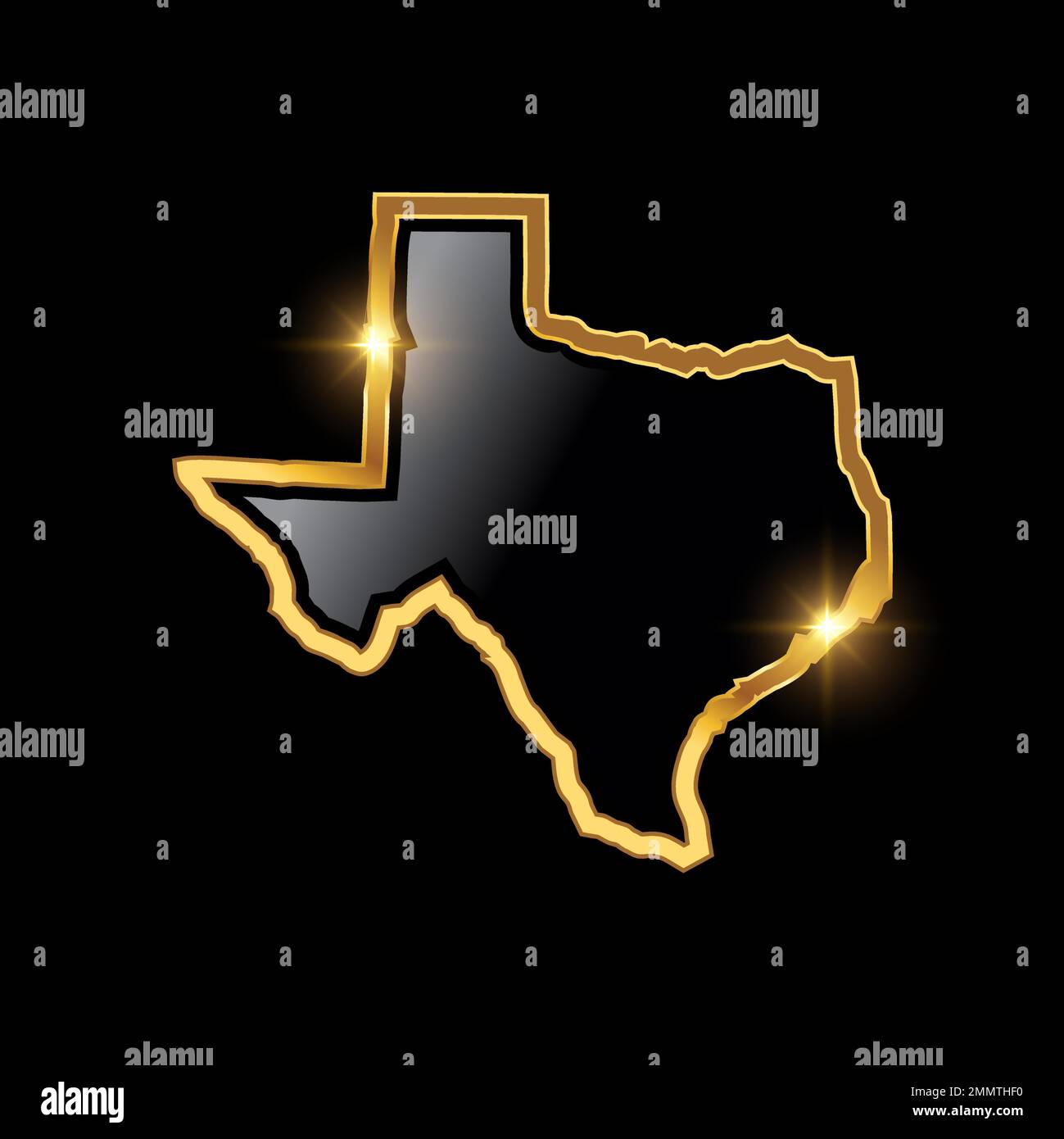 Un'illustrazione vettoriale di Golden Texas Map Vector Sign su sfondo nero con effetto lucentezza oro Illustrazione Vettoriale
