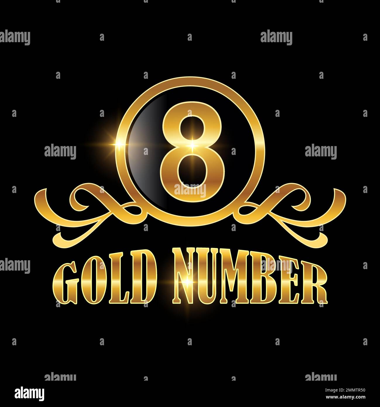 Golden Number 8 Logo Vector Accedi su sfondo nero con effetto oro brillante per l'icona di lusso numero 8 Illustrazione Vettoriale