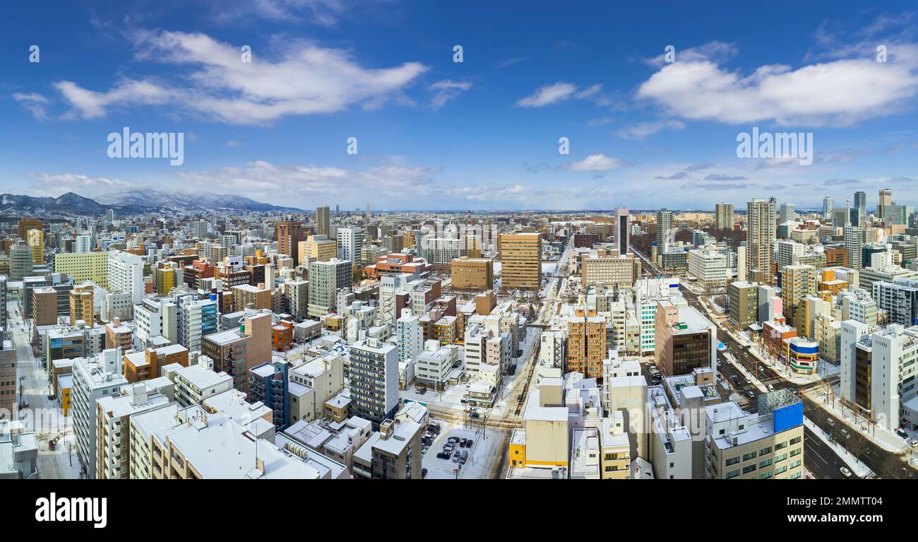 Veduta aerea panoramica del paesaggio urbano invernale Sapporo, Hokkaido, Giappone Foto Stock