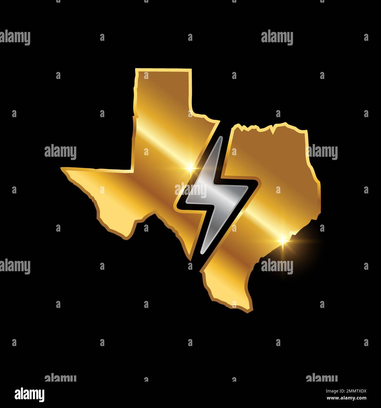 Un'illustrazione vettoriale di Golden Texas Map Vector Sign su sfondo nero con effetto lucentezza oro Illustrazione Vettoriale