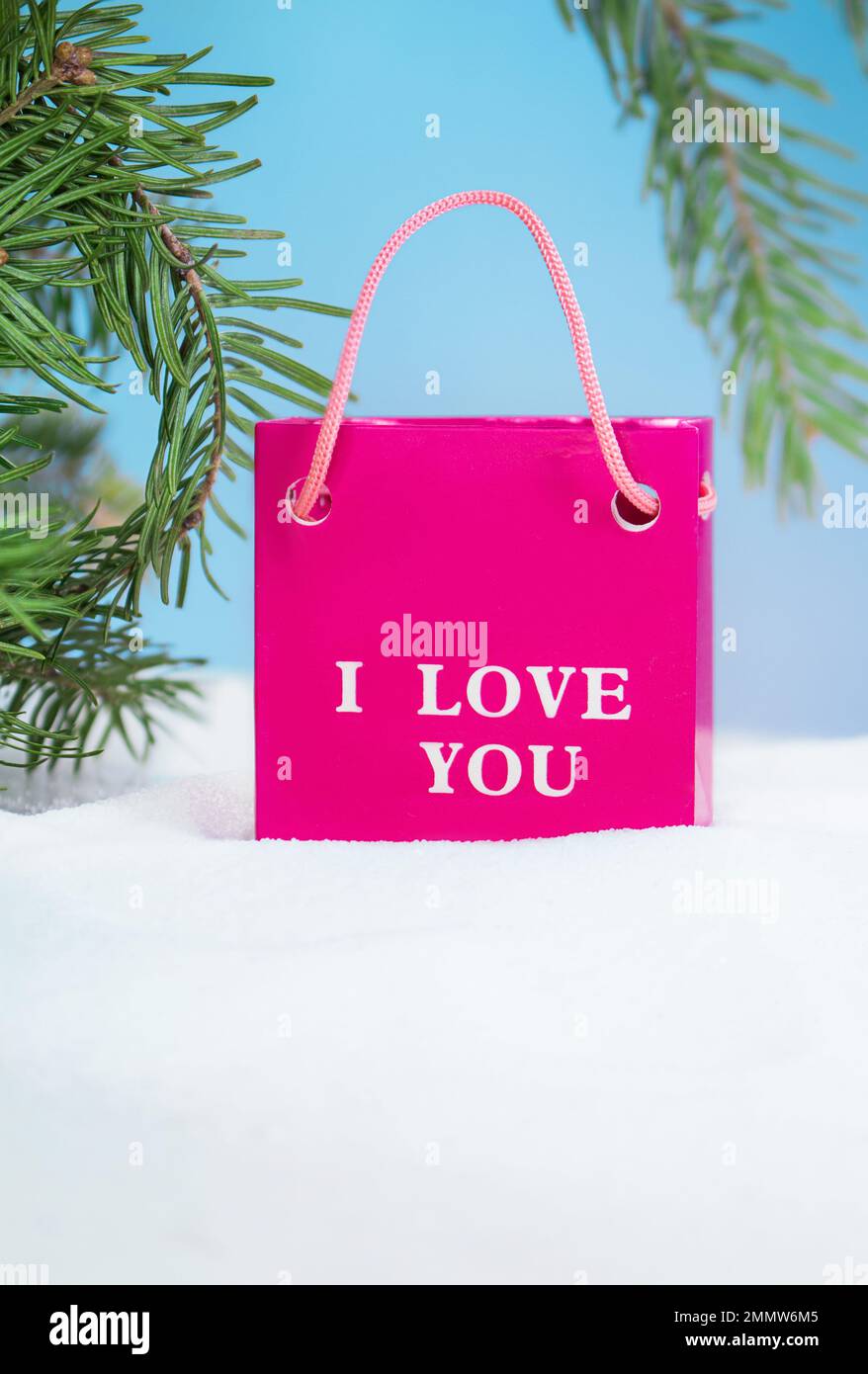 Confezione rosa con testo ti amo, si erge sulla neve con rami di abete. San Valentino, Festa internazionale della donna e della mamma, 8 marzo, compleanno, shopping. Foto Stock