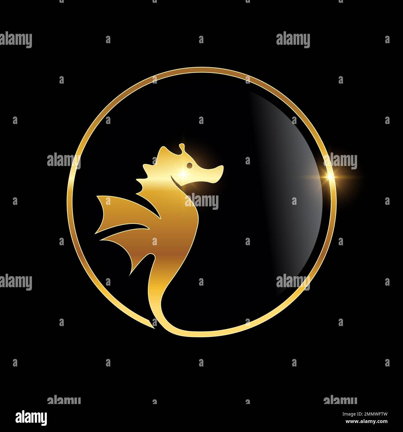 Vector Illustration of Golden Sea Horse icona vettoriale su sfondo nero con effetto lucentezza oro Illustrazione Vettoriale