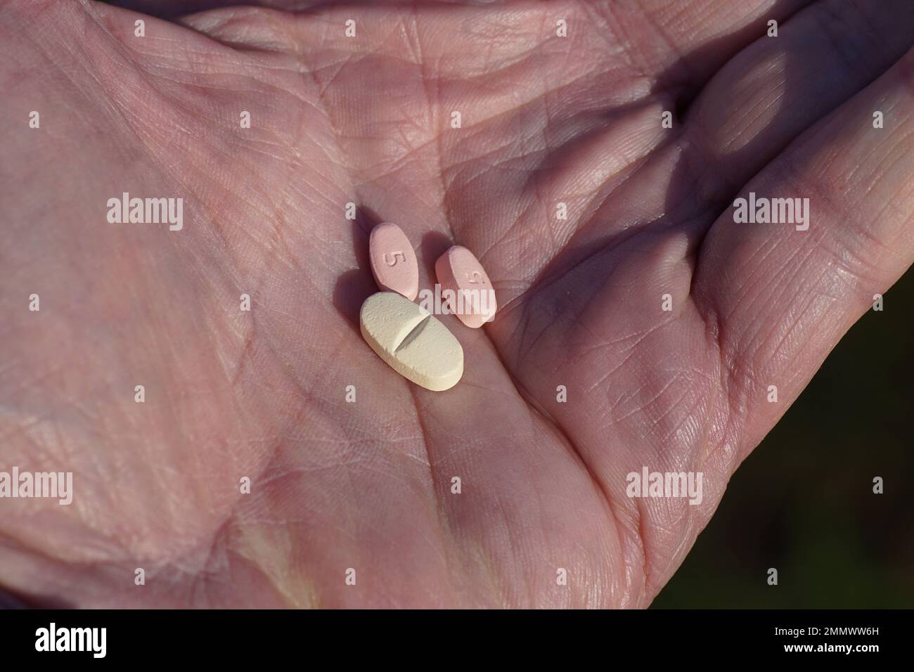 Pillole, compresse in una mano. Un beta-bloccante e due diluenti del sangue. Metoprololsuccinaat e Apixaban. Foto Stock