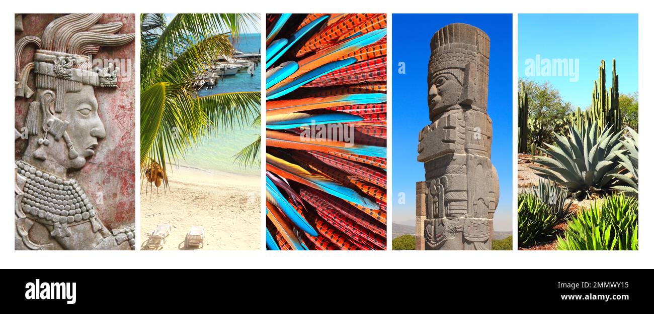 Collezione di striscioni verticali con scene e punti di riferimento del Messico - giardino di cactus, spiaggia soleggiata, bassorilievo del re Maya Pakal, atlantean a Tula. T Foto Stock