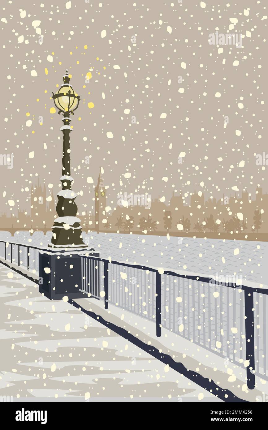 Lampada londinese in inverno stilizzato vettore illustrazione con neve Foto Stock