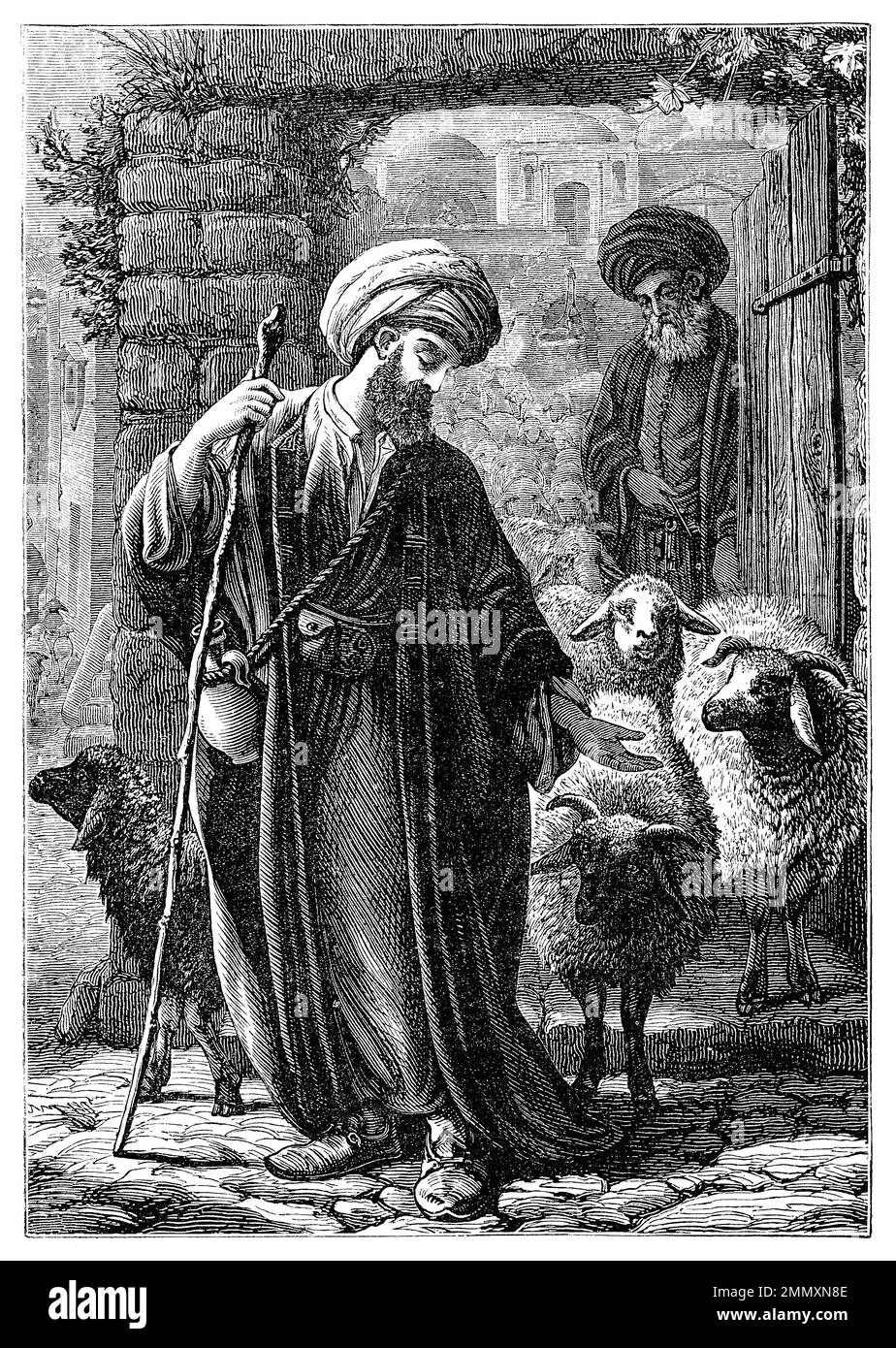 Incisione vintage 19th ° secolo di un pastore in Medio Oriente in tempi biblici. Foto Stock