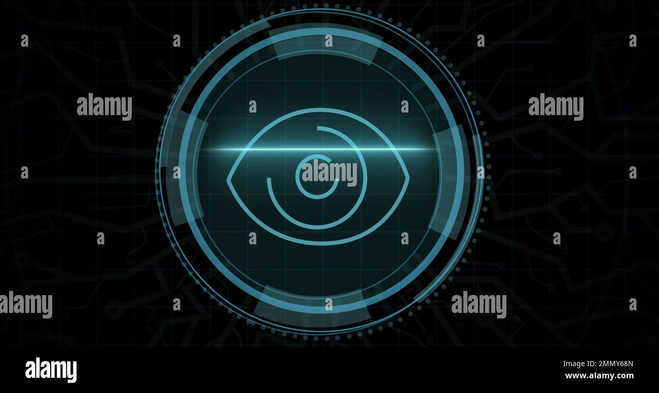 Composizione dell'icona dell'occhio di sicurezza online su sfondo nero Foto Stock
