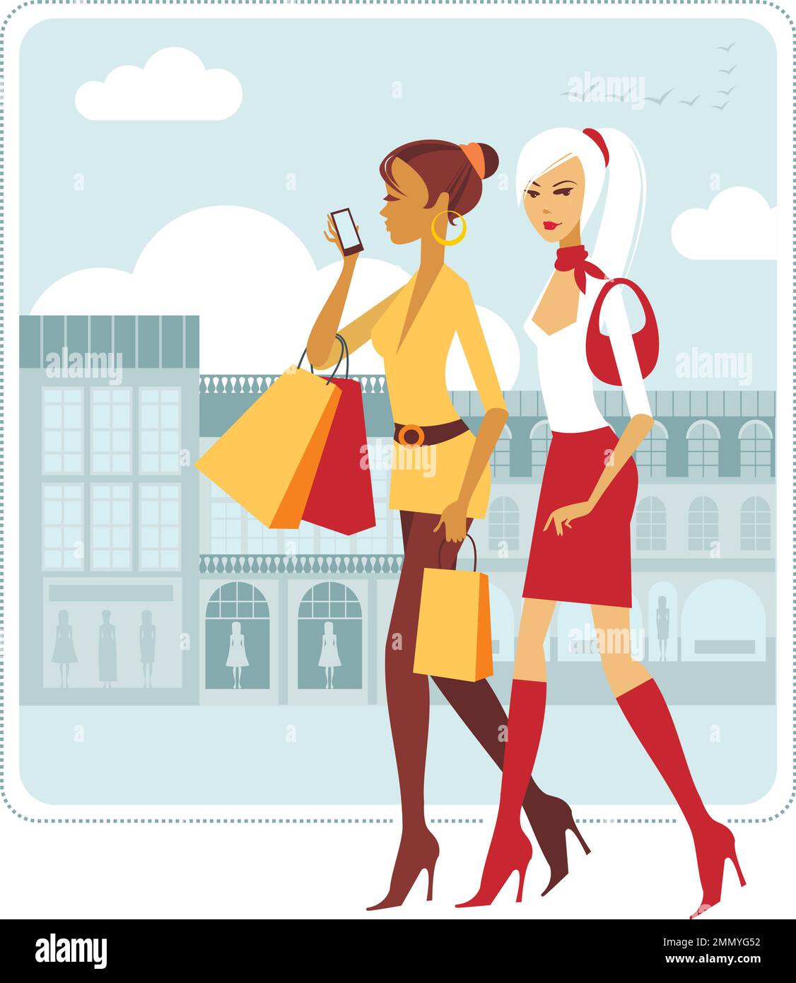 Belle giovani donne con borse per lo shopping sulla strada cittadina. Illustrazione del vettore piatto Illustrazione Vettoriale