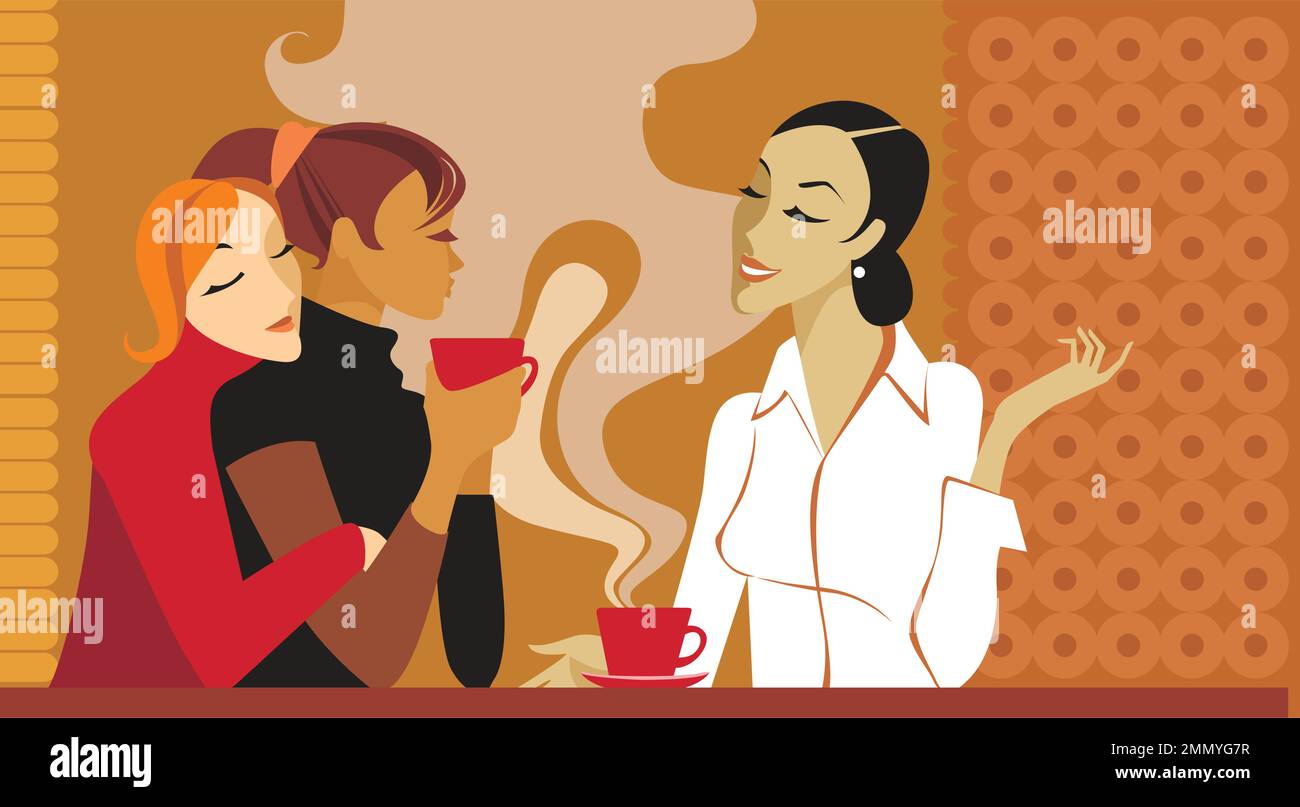Ragazze, persone, comunicazione e concetto di amicizia - giovani donne sorridenti che bevono caffè o tè e gossiping in un caffè. Illustrazione del vettore piatto Illustrazione Vettoriale