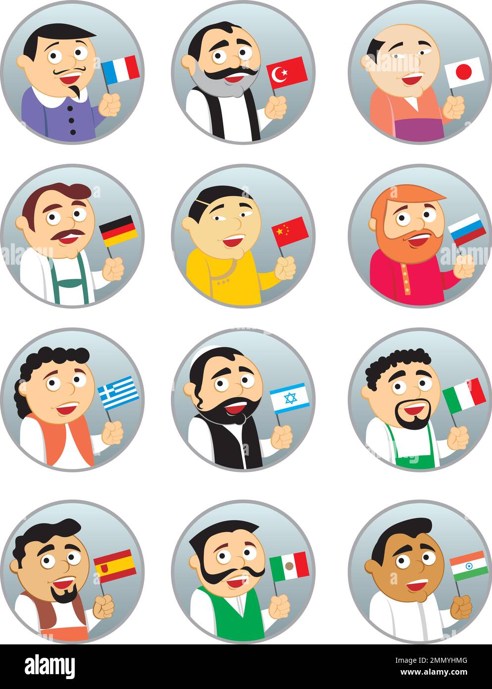 Diversità di persone che tiene bandiere del mondo. Personaggi uomini tradizionali che detengono bandiere di paesi diversi. Set di icone arrotondate vettoriali piatte. Illustrazione Vettoriale