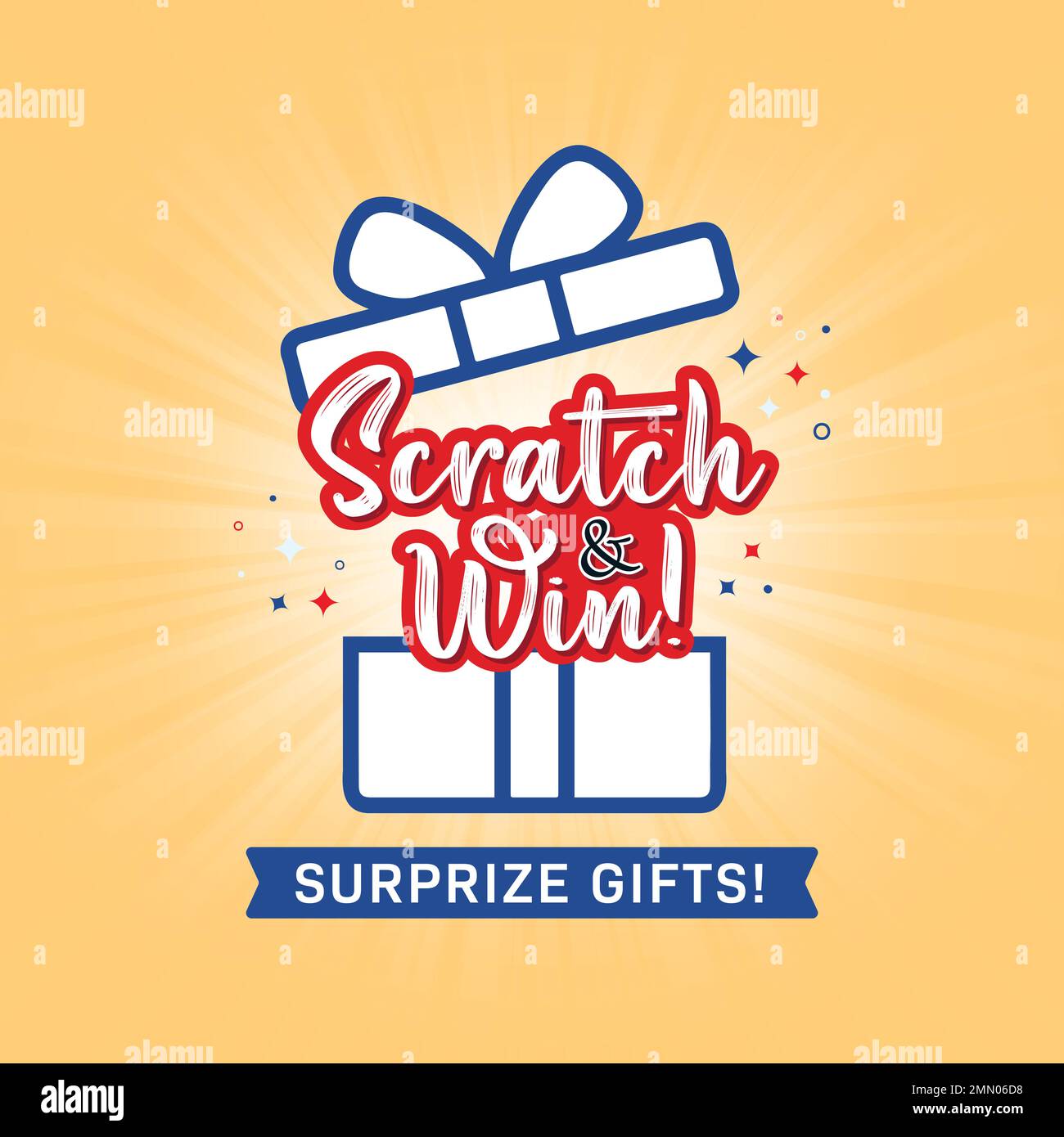 Apri la confezione regalo con confetti, glitter e testo Scratch & Win. Presenta un elemento di design per la decorazione della scatola. Illustrazione vettoriale. Illustrazione Vettoriale