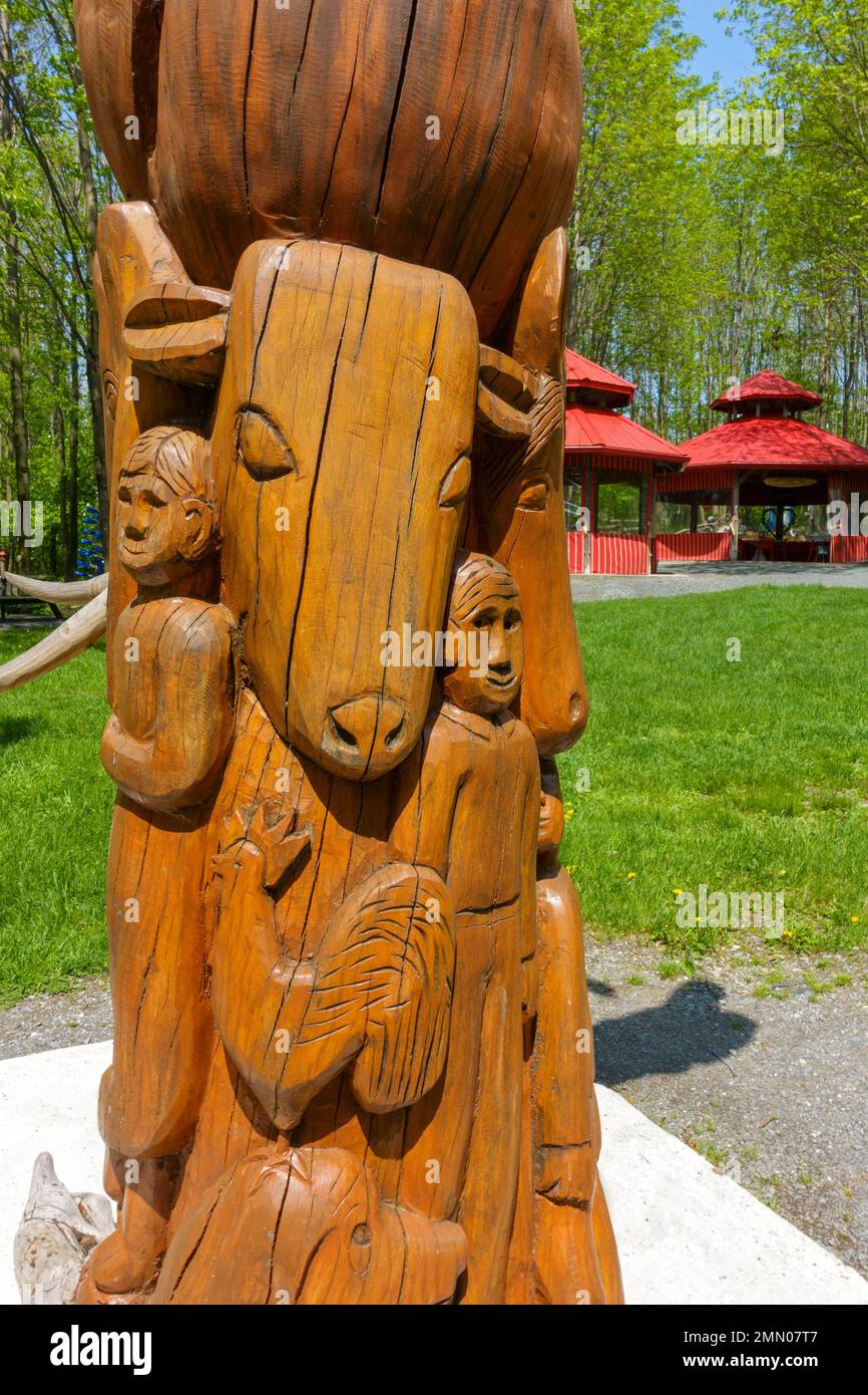 Canada, provincia del Quebec, regione del Centre-du-Québec, Tingwick, i giardini e il sentiero Les Pieds d'Or, abbellito da opere d'arte e layout originali resi possibili grazie al duro lavoro dei volontari, scultura su legno di Louis-Denis Groleau ciclo di vita Foto Stock