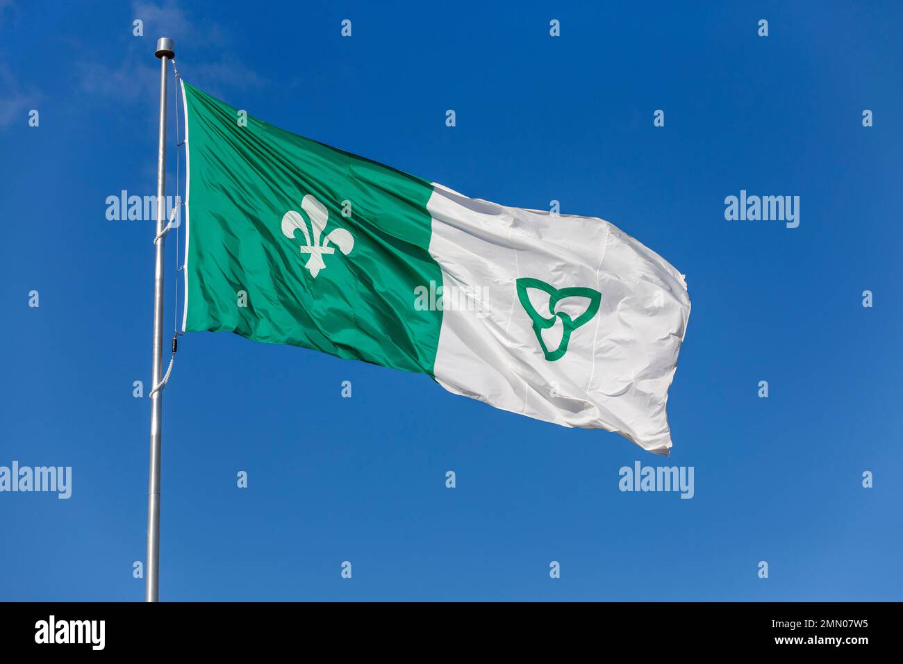 Canada, Ontario, Hawkesbury, bandiera franco-ontaria, creata nel 1975 e qui vicino al monumento della Francofonia, battezzato Pioneer Monument costruito sull'isola di Chenail Foto Stock