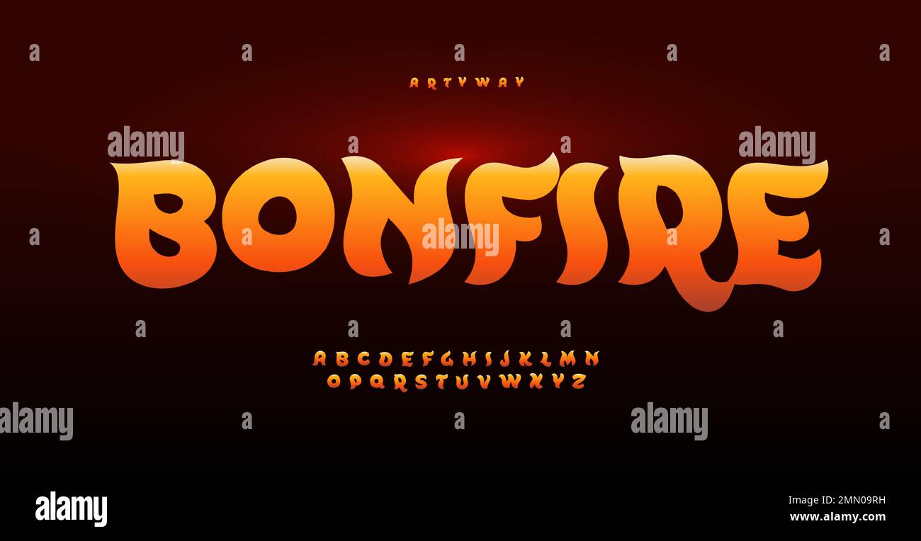 Alfabeto magico falò, cartoni animati, amabile fonte per barbecue, pizzeria, fritto logo alimentare, allegro design. Disegno tipografico vettoriale. Illustrazione Vettoriale