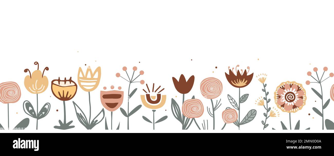 Fiabe fiori bordano in stile folk scandinavo, senza cuciture motivo vettoriale. Ripetizione Doodle fiore sfondo prato. Design per tessuto, schede Illustrazione Vettoriale