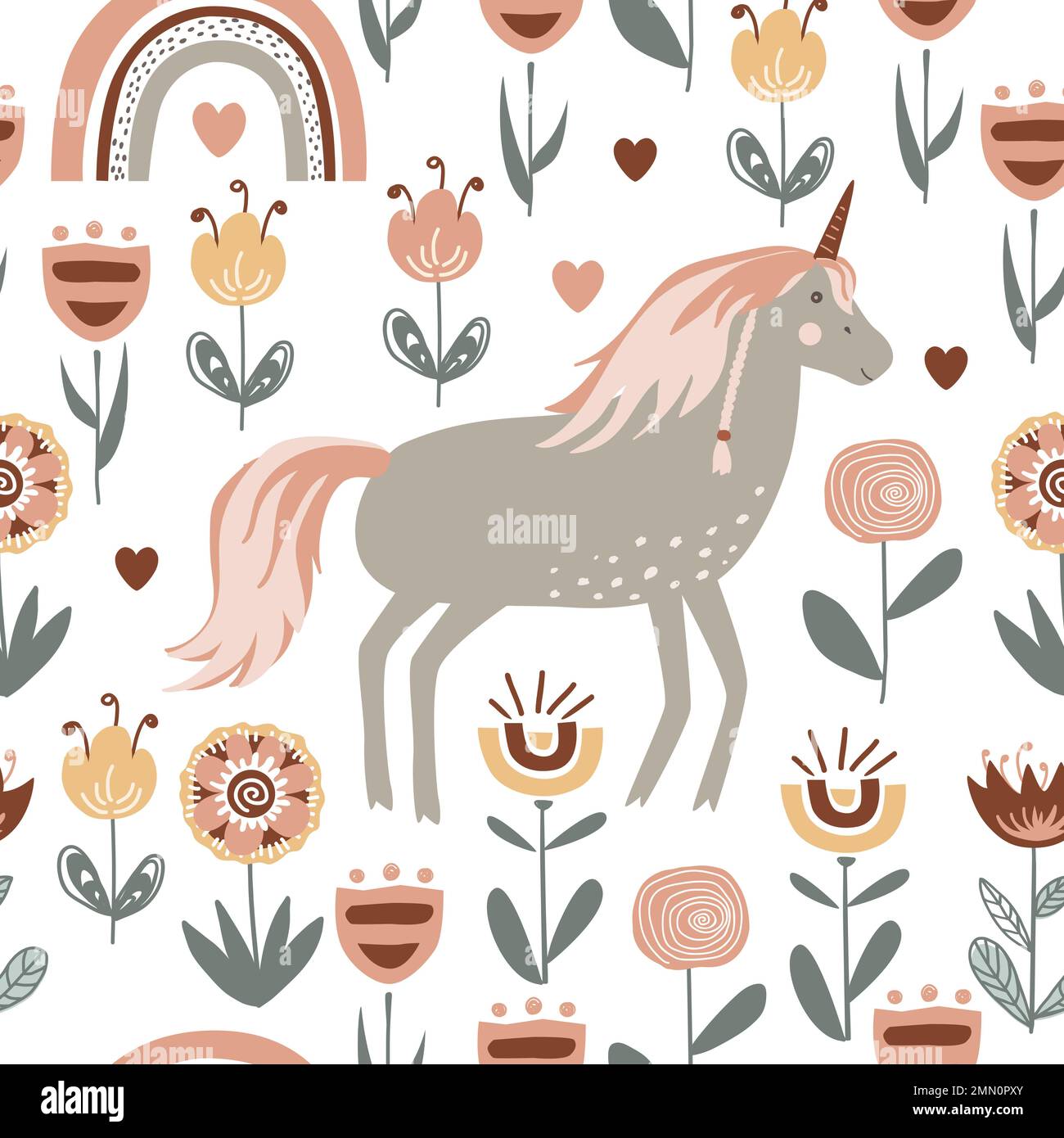 Magici motivi senza cuciture con unicorno tra i fiori di doodle nel giardino delle fate. Illustrazione vettoriale, stile scandinavo Illustrazione Vettoriale