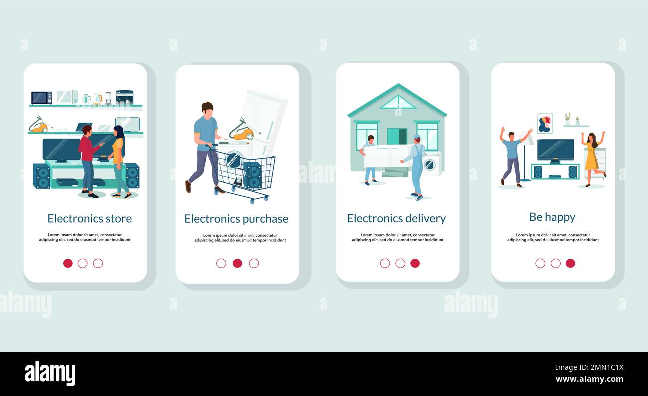 Modello vettoriale per schermate di onboarding dell'app mobile del negozio di elettronica Illustrazione Vettoriale