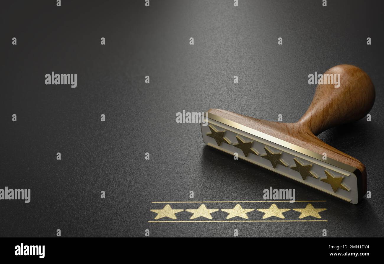 Timbro in gomma con cinque stelle dorate, concetto di valutazione della qualità del servizio su sfondo nero con spazio copia. illustrazione 3d. Foto Stock