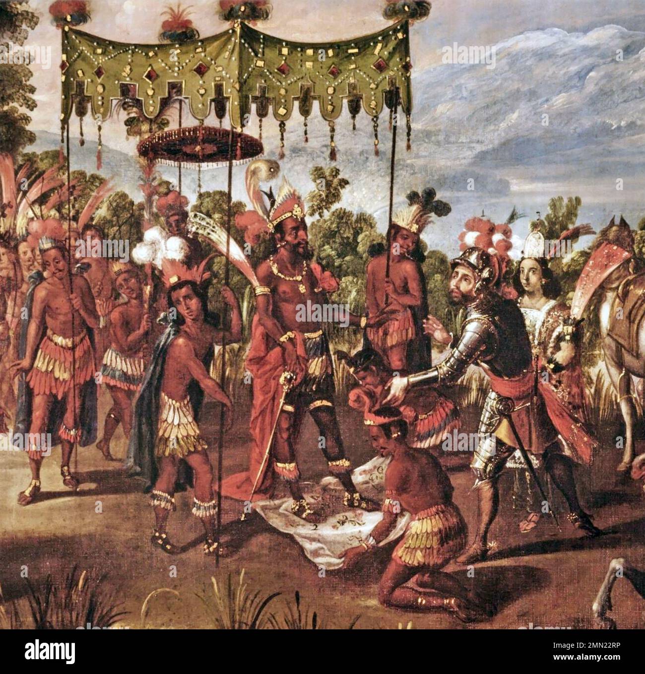 CONQUISTADORES SPAGNOLI Un dipinto del 1th ° secolo che mostra il primo incontro tra Hernan Cortes e il governatore azteco Moctezuma II sulla riva del lago Texcoco. Moctezuma si alza su un panno per evitare che il suo corpo entri in contatto con la terra e il suo entourage gli togli la testa come segno di rispetto. Foto Stock