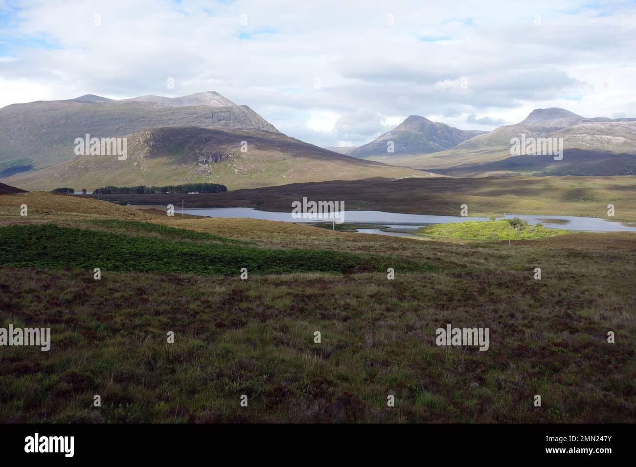 Il Monte Corbett Beinn Damh, il Munro Maol Chean Dearg e il Corbett An Ruadh Stac da Loch Damh sulla strada A896 nelle Highlands scozzesi. Foto Stock