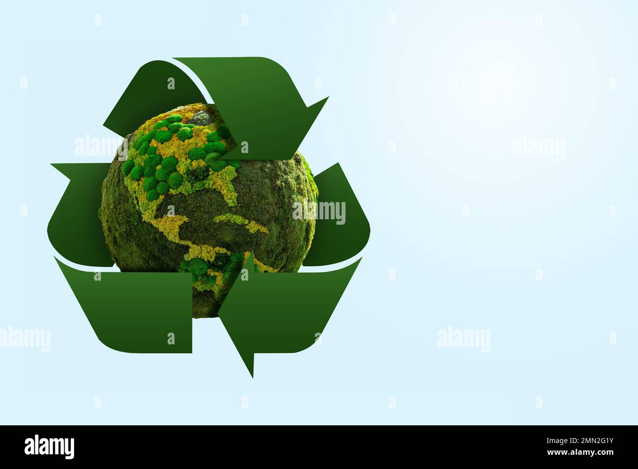 Pianeta verde Terra con simbolo di riciclaggio. Concetto Foto Stock