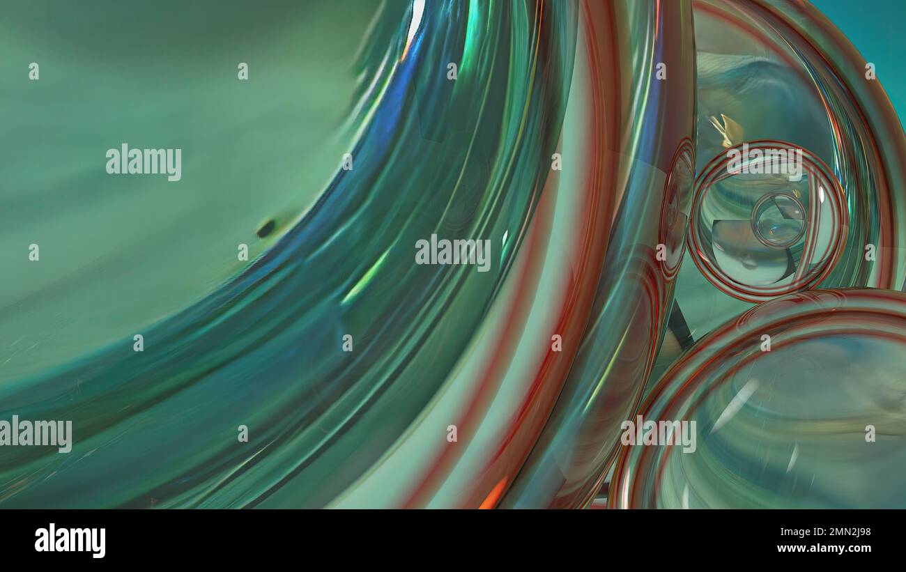 Sfere di vetro verde sovrapposte. Astratto, drammatico, moderno, lussuoso ed esclusivo rendering 3D di un disegno grafico sfondo elementare Foto Stock