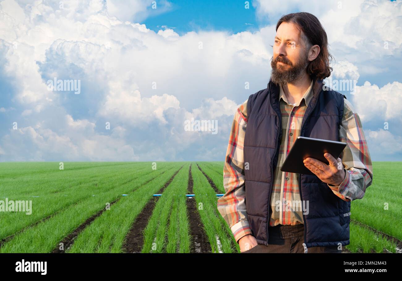 Contadino con tablet digitale su un campo. Agricoltura intelligente e agricoltura digitale Foto Stock