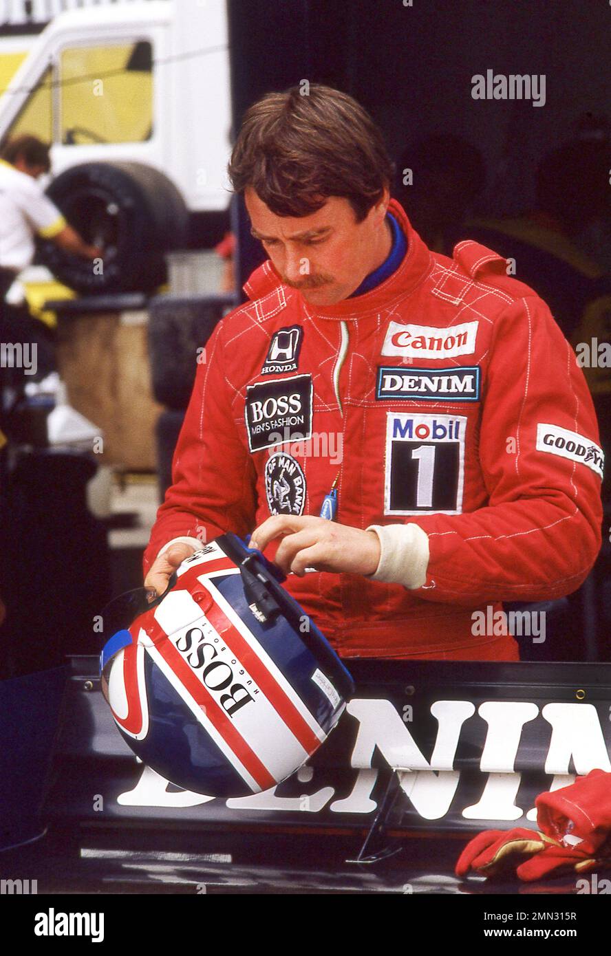 Nigel Mansell al Gran Premio di Portogallo 1985 a Estoril 21/2/1985 Foto Stock
