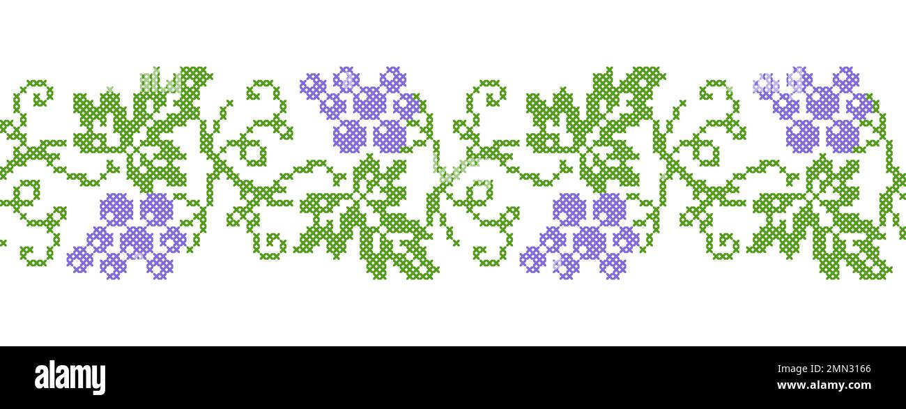 Bordo dell'uva. Sfondo vettoriale per la progettazione di etichette di vini o succhi. Bordo senza cuciture dell'uva. Pixel art, vyshyvanka, punto a croce Illustrazione Vettoriale