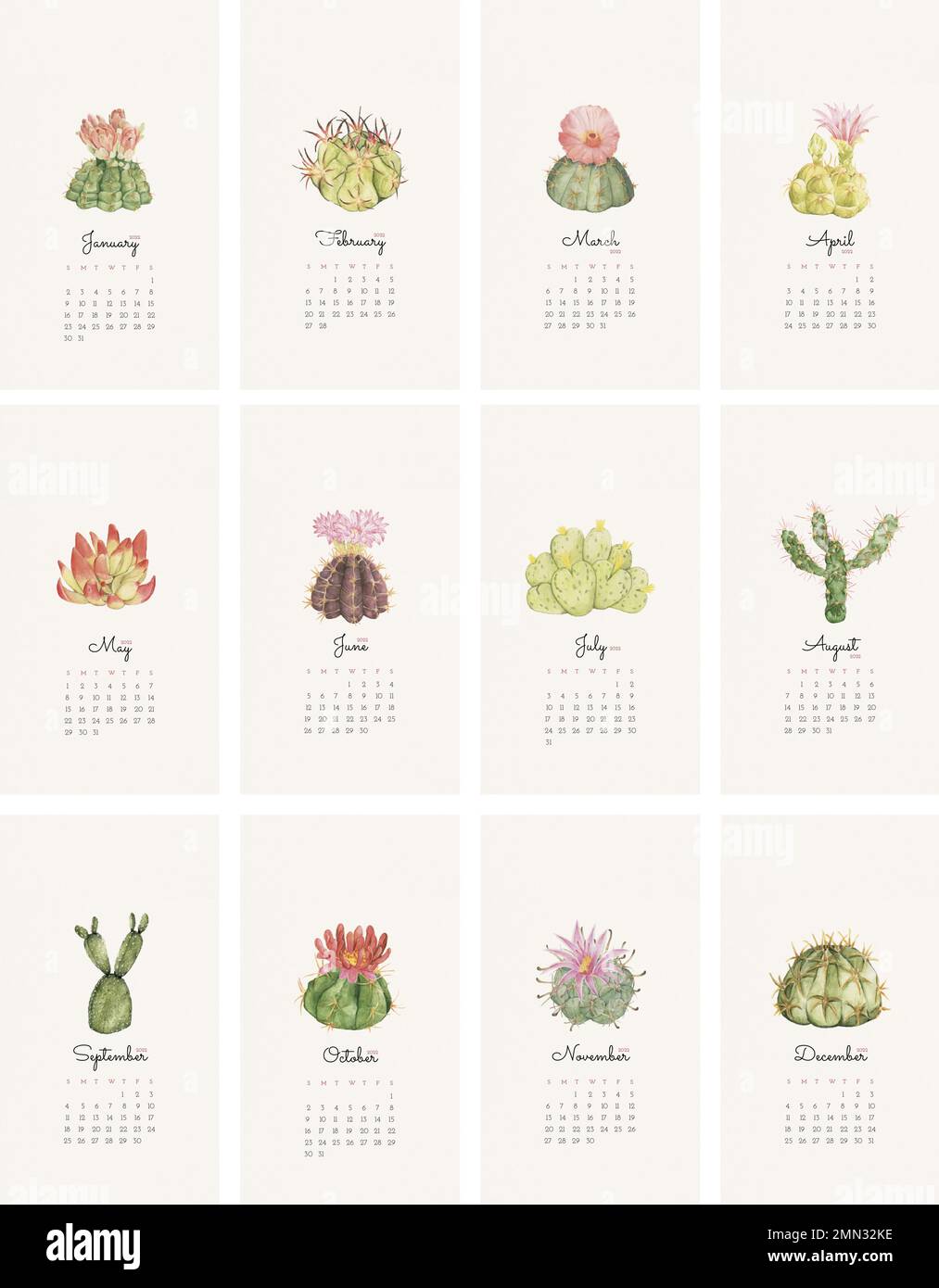 Modello di calendario mensile Botanico 2022, cactus iPhone wallpaper vettoriale set Illustrazione Vettoriale