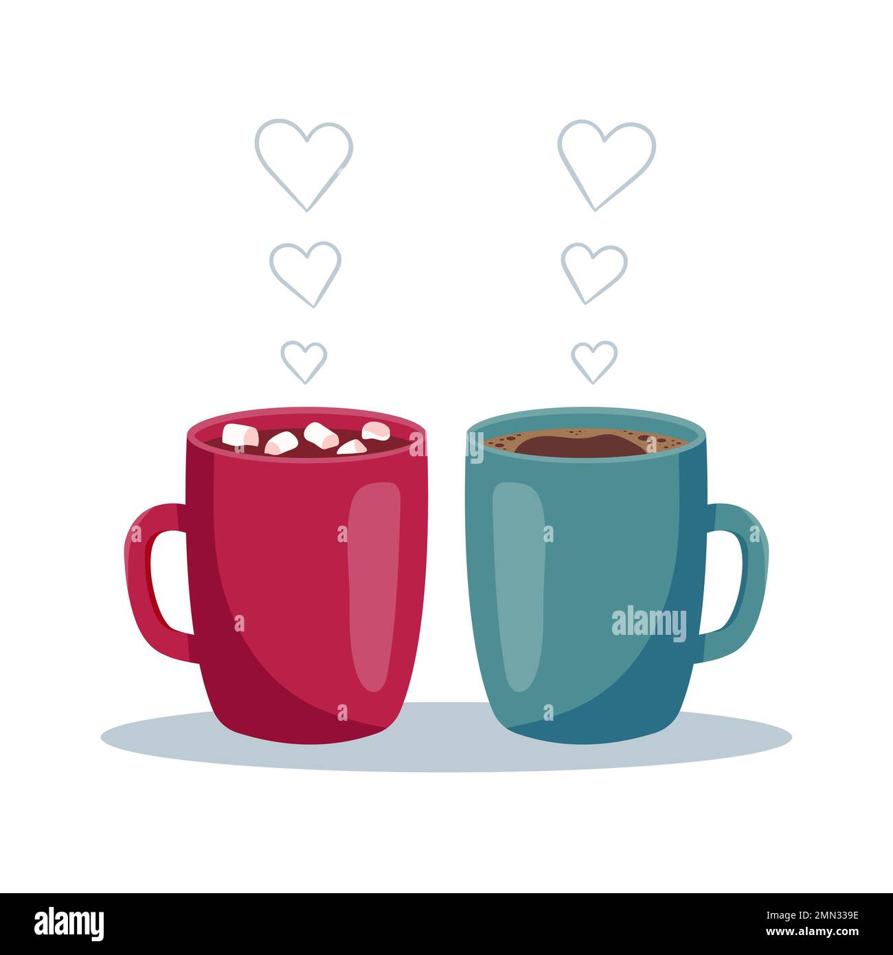 Carine tazze di caffè in amore. Insieme per sempre. Buon San Valentino concetto. Illustrazione vettoriale in stile cartoon piatto. Illustrazione Vettoriale