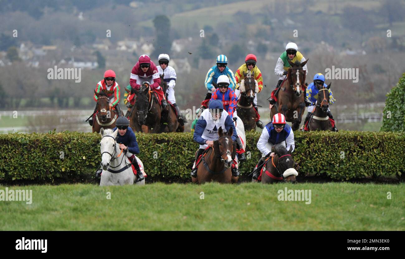 Gara tre. La Glenfarclas Cross Country Chase. Crealion guidato da Charlie Deutsch conduce da Snow Leopardess guidato da Aidan Coleman (a sinistra) e Ba Foto Stock