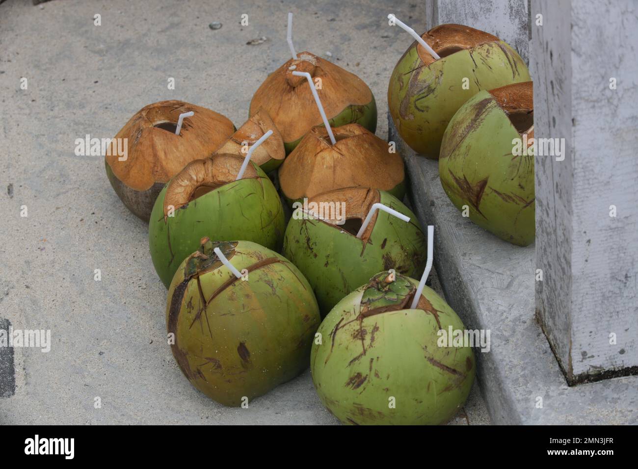 Noci di cocco vuote con cannucce di plastica in spiaggia Foto Stock