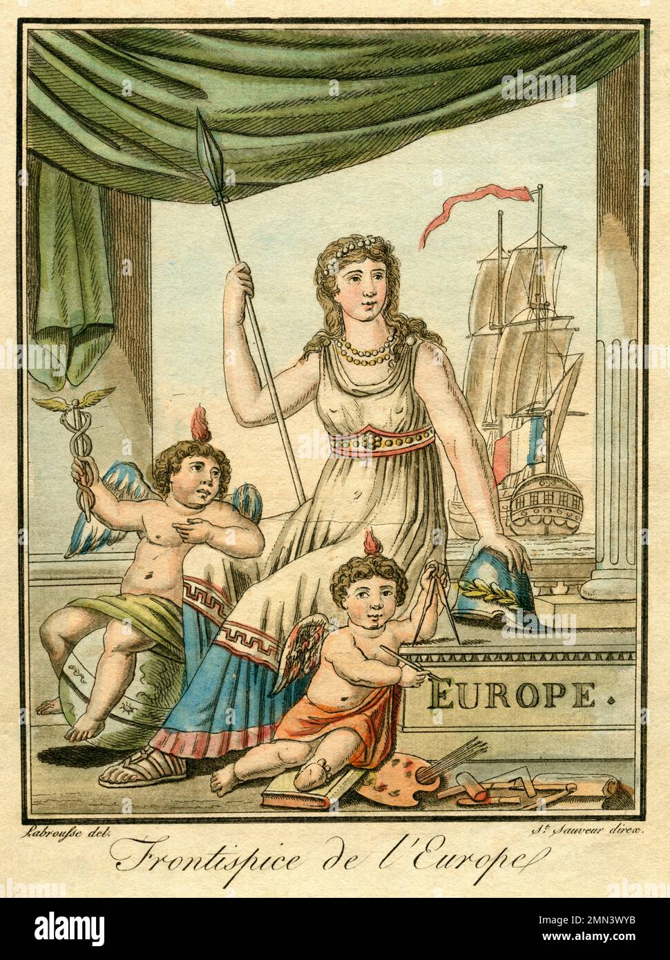 Europa, Frankreich, Parigi, Frontispice de l’Europe, heraldische Figuren und im Hintergrund ein französisches Schiff, kolorierte Radierung von St Sauveur ( Jacques Grasset de Saint-Sauveur, geb. 1757 Montréal - gestorben Paris 1810, frz. Zeichner, Literat und Diplomat ) , nach Labrousse auf Vergé-Papier , 1795 ? . / Europa, Francia, Parigi, Frontispice de l’Europe , si vedono figure araldiche e sullo sfondo una nave francese, incisione colorata di San Sauveur ( Jacques Grasset de Saint-Sauveur, nato nel 1757 a Montreal, morto nel 1810 a Parigi, diplomatico francese , cassetto e scrittore ) , dopo Labrous Foto Stock