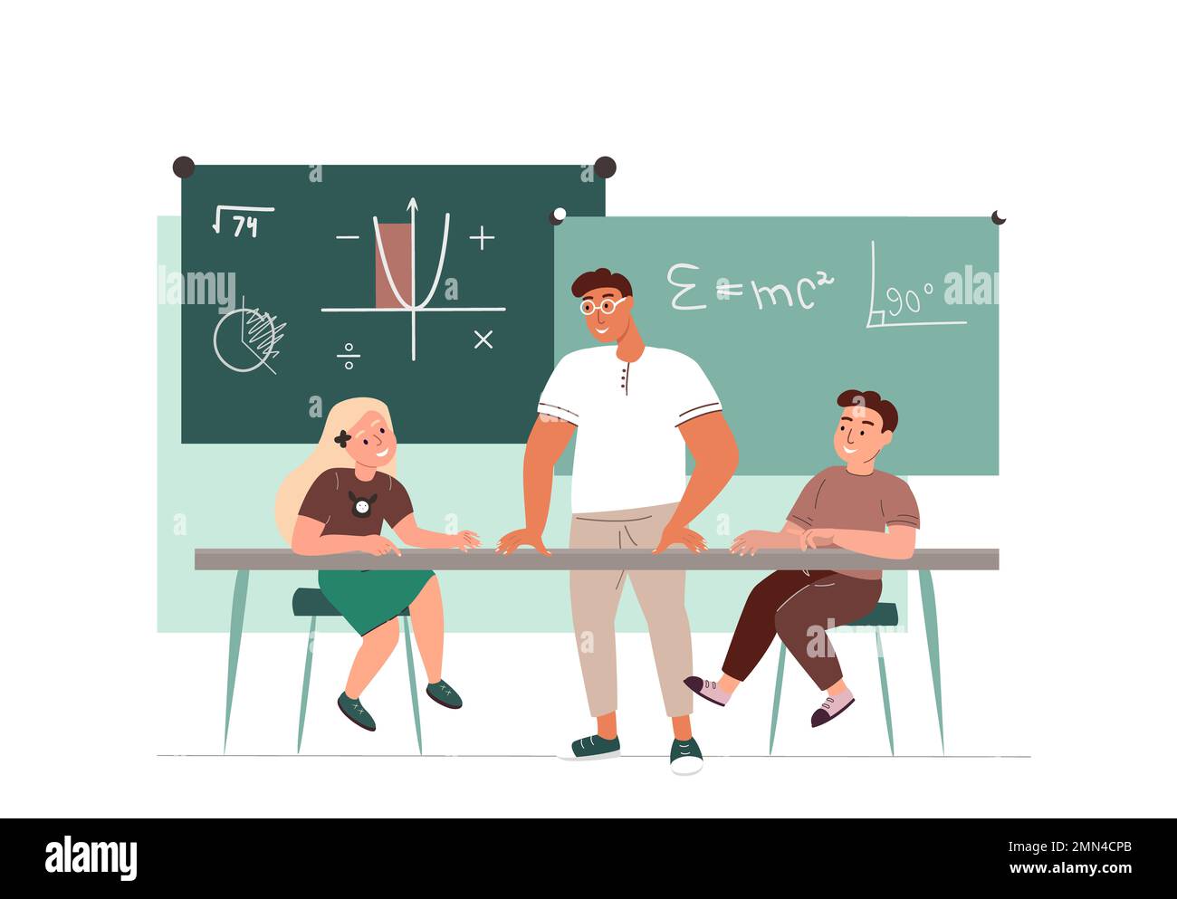 Insegnante giovane che spiega ai bambini la nuova formula di matematica alla lavagna nella scuola class.Children che studia in classe room.Colored flat vector Illustration o Foto Stock