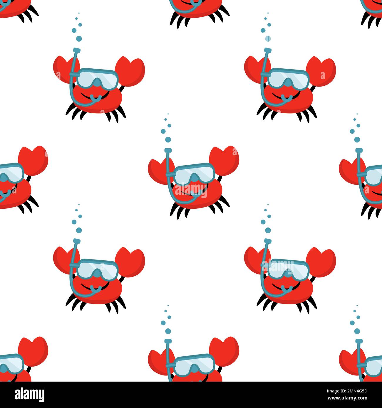 Cartoon senza cuciture simpatico granchio sorridente con maschera da nuoto e bolle Illustrazione Vettoriale