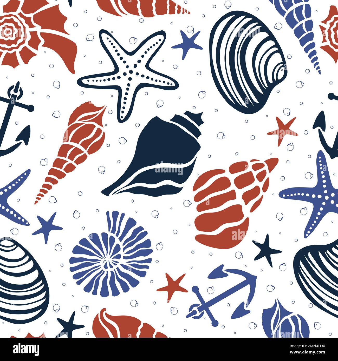 Conchiglie marine, ancora e stelle marine vita subacquea disegnata a mano vettore senza cuciture sfondo modello Illustrazione Vettoriale