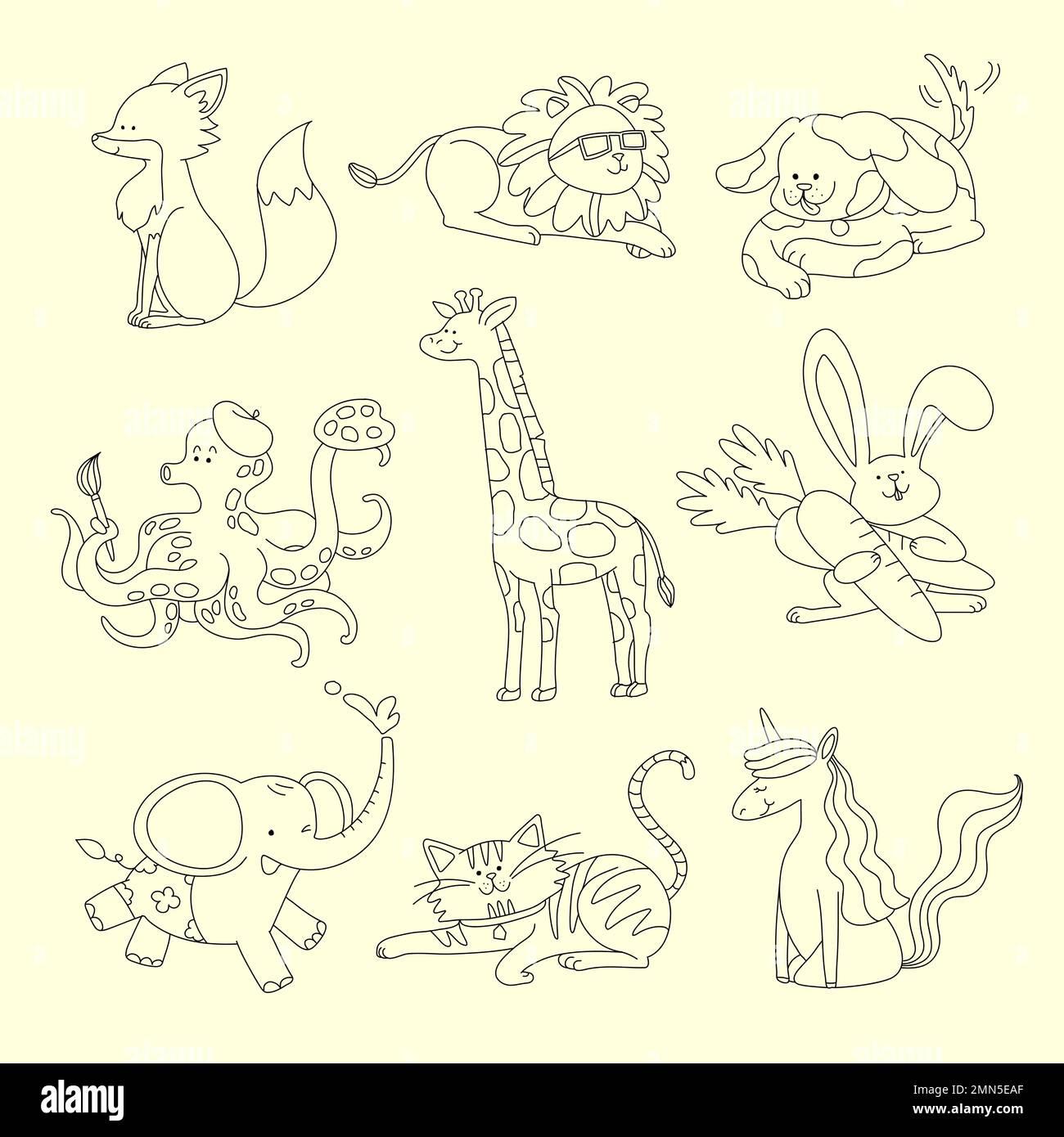 Cute animali collage elementi, spazio per bambini colorare vettore Illustrazione Vettoriale