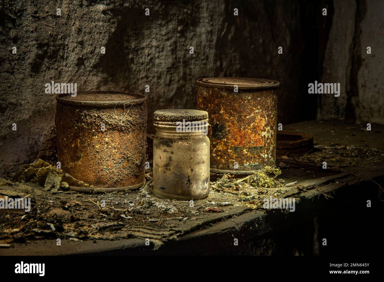 Lattine sporche arrugginite e un vaso sporco su uno scaffale in casa abbandonata, Pennsylvania, USA Foto Stock