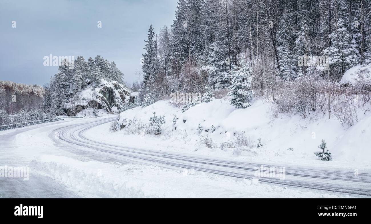 Slipery strada di campagna in foresta nevosa in inverno. Nessuna auto. Condizioni di guida inadeguate. Scandinavia. Foto Stock