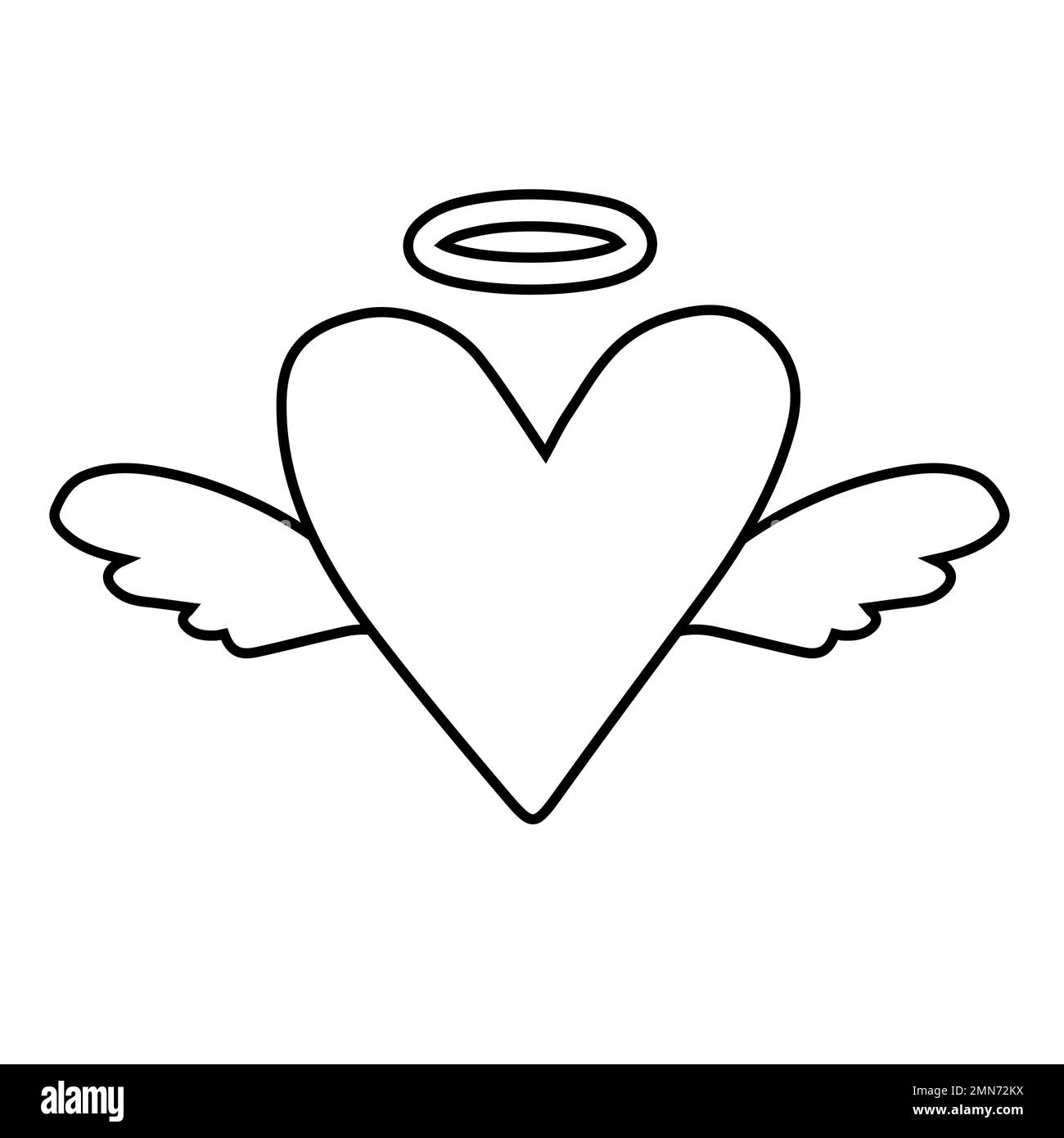 Vettore disegnato a mano piano contorno cuore con angelo ali isolato su sfondo bianco Illustrazione Vettoriale