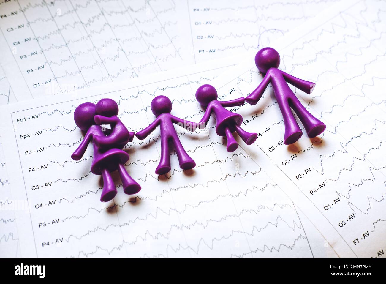 Giornata internazionale dell'epilessia, consapevolezza dell'epilessia. Giocattolo viola per adulti e bambini, famiglia su onda cerebrale su elettroencefalogramma EEG per l'epilessia Foto Stock