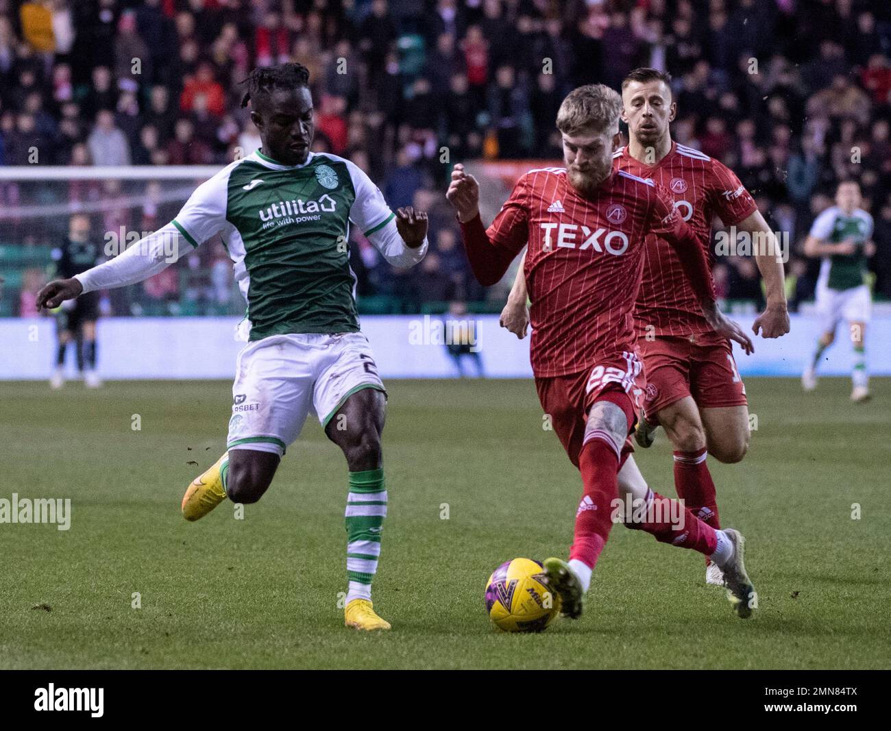 Cinch Premiership - Hibernian FC contro Aberdeen FC 28/1/2023. Hibernian ospita Aberdeen nella Cinch Premiership al Easter Road Stadium, Edimburgo, Foto Stock