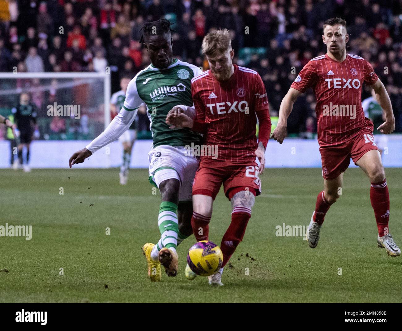 Cinch Premiership - Hibernian FC contro Aberdeen FC 28/1/2023. Hibernian ospita Aberdeen nella Cinch Premiership al Easter Road Stadium, Edimburgo, Foto Stock