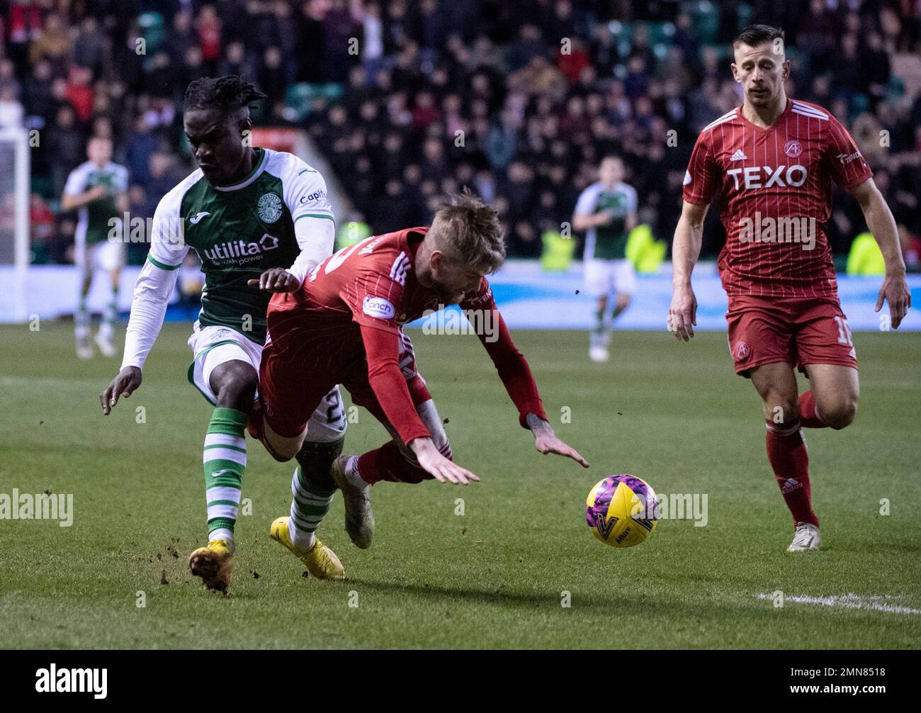 Cinch Premiership - Hibernian FC contro Aberdeen FC 28/1/2023. Hibernian ospita Aberdeen nella Cinch Premiership al Easter Road Stadium, Edimburgo, Foto Stock