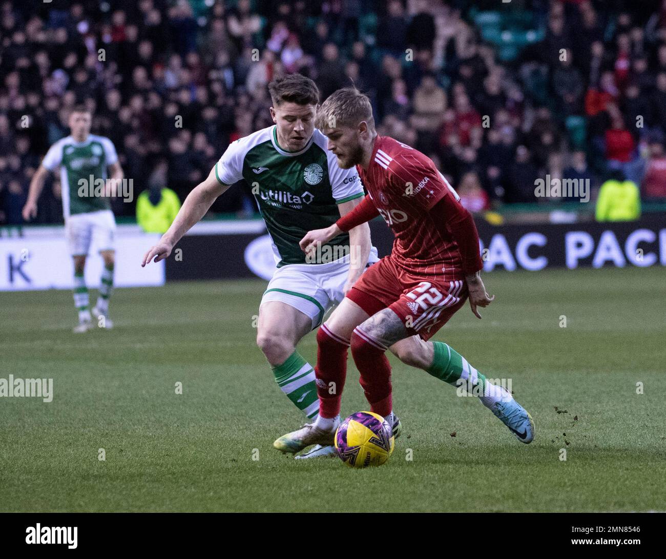 Cinch Premiership - Hibernian FC contro Aberdeen FC 28/1/2023. Hibernian ospita Aberdeen nella Cinch Premiership al Easter Road Stadium, Edimburgo, Foto Stock