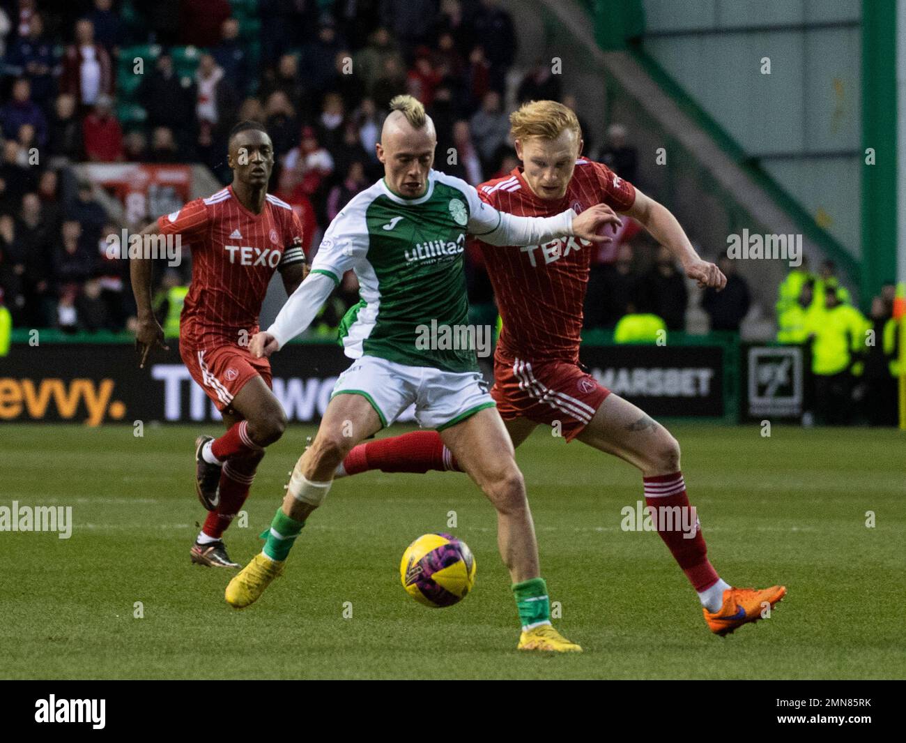 Cinch Premiership - Hibernian FC contro Aberdeen FC 28/1/2023. Hibernian ospita Aberdeen nella Cinch Premiership al Easter Road Stadium, Edimburgo, Foto Stock